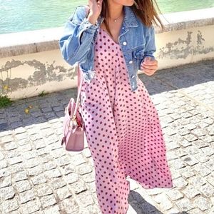 Pink Polka Dot Dress with Denim Jacket